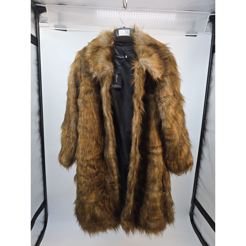 Fashionable Brown Faux Fur Coat Long Shaggy Glam Winter Jacket Womens Size S NEW